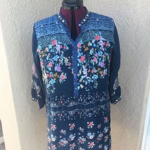 Johnny Was Navy Blue Floral Tunic Dress Top Large L